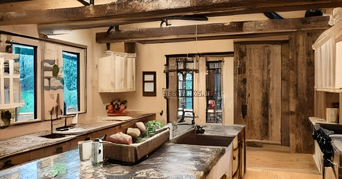 Rustic Barndominium kitchen with a sizable island and wooden beams.