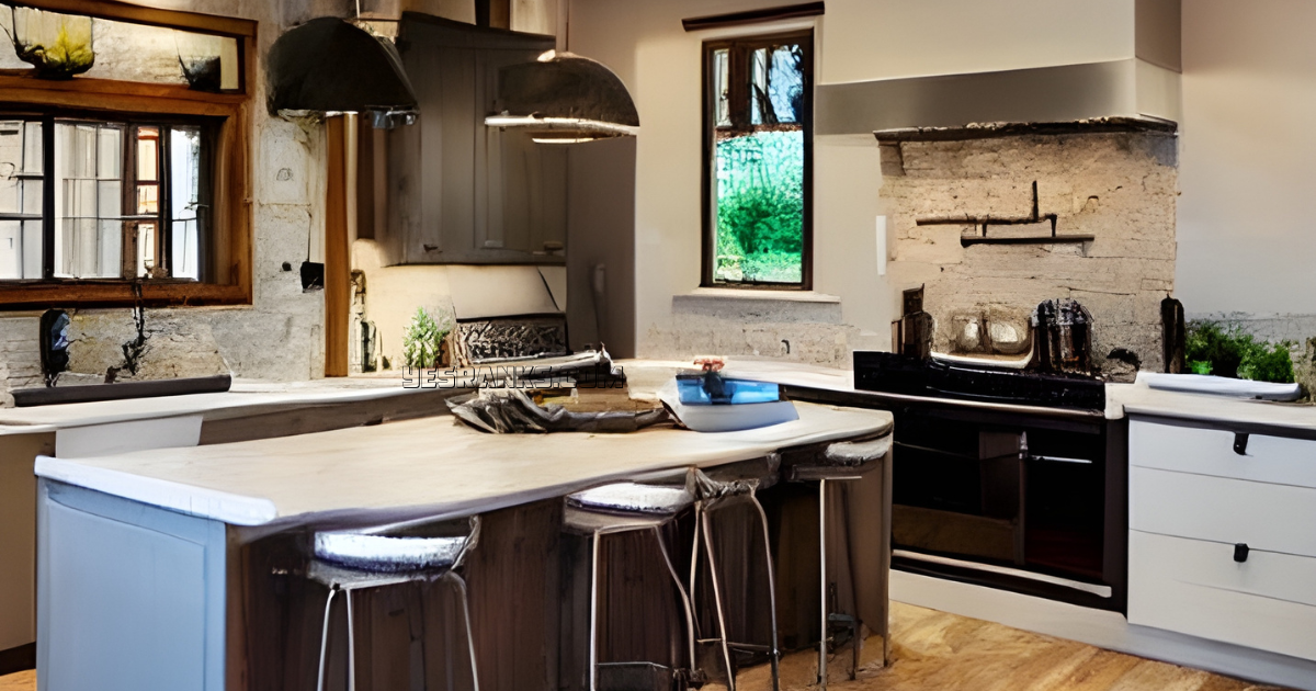 A modern rustic kitchen with a spacious island and a stove, perfect for cooking and entertaining.